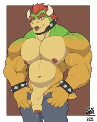 2023 absurd_res anthro areola armband artist_name barazoku big_muscles big_pecs biped bodily_fluids bottomwear bowser clothed clothing colored dripping flaccid foreskin front_view genital_fluids genitals glans green_body green_scales hair hi_res horn humanoid_genitalia humanoid_penis isaac_andel koopa looking_at_viewer male mario_bros musclegut muscular muscular_anthro muscular_arms muscular_male nintendo nipples non-mammal_nipples pants partially_retracted_foreskin pecs penis portrait precum precum_drip red_eyes red_hair scales scalie seductive shaded short_hair solo spiked_armband spikes text three-quarter_portrait tongue tongue_out topless topless_anthro topless_male vein veiny_muscles veiny_penis yellow_body yellow_scales