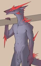 anthro balls bullchicken casual_nudity claws dragon finger_claws flaccid foreskin genitals hi_res holding_object horn humanoid_genitalia male muscular muscular_male mythological_creature mythological_scalie mythology nude penis saggy_balls scalie solo uncircumcised
