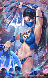 2d armpits arms_up bangs bare_arms bare_shoulders bikini black_hair blue_bikini blue_eyes bracelet breasts cleavage clenched_hands dual_wielding earrings eyelashes fantasy female female_only fighting_stance fingernails holding jewelry judash137 kitana large_breasts light-skinned_female light_skin long_hair looking_at_viewer magic mask mortal_kombat muscle navel revealing_clothes skirt solo solo_female standing swimsuit thighhighs thighs tiara toned very_long_hair weapon