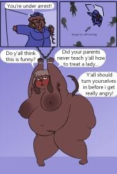 2025 anthro areola armpit_tuft ass belly big_areola big_butt blush body_hair bondage bound breasts brown_body brown_fur canid canine canis captured chained_cuffs chains comic cuff_(restraint) dialogue domestic_dog dorothy_b_hound english_text female female_focus fur group handcuffs hanging_by_arms happy_trail hi_res huge_areola huge_butt mammal mature_anthro mature_female metal_cuffs nipples obese obese_anthro obese_female overweight overweight_anthro overweight_female oxkingky police police_officer pubes restraints sagging_breasts solo_focus suspension suspension_bondage text thick_thighs