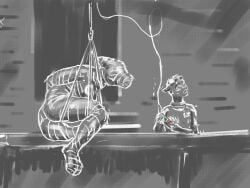 2021 anthro bondage bondage bound detailed_background duo felid feline fur greyscale hair jeri_kleinlowe male male/male mammal monochrome nude nude_male open_mouth species_request tail