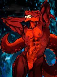1boy anthro bulge dragon dragon_boy dragon_tail male muscles muscular muscular_male red_body red_scales reptile reptile_humanoid reptilian reptilian_tail scalie scalie_humanoid scaly sexy_pose solo solo_focus solo_male