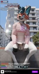 3d_(artwork) absurd_res anthro bodily_fluids bottomless bottomwear chastity_cage chastity_device clothed clothing collar crop_top digital_media_(artwork) english_text femboy fishnet_clothing genital_fluids genitals hi_res horn lagomorph legwear livestream male mammal outside penis precum sany_van_fox sanythefox shirt skirt solo text thigh_highs topwear wings wolpertinger