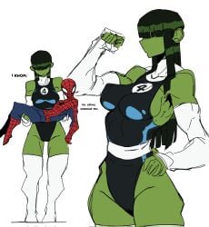 1boy 1boy1girl 1girls alternate_costume avengers bigger_female blush bra breasts duo elbow_gloves embarrassed fantastic_four female fingerless_gloves full_body green-skinned_female green_hair green_skin hair_over_eyes hairy_pussy height_difference heroine innocent jennifer_walters large_breasts larger_female leotard looking_away male marvel marvel_comics nerd panties she-hulk she-hulk_(fantastic_four) shorter_male shy sideboob size_difference smaller_male spider-man spider-man_(series) standing straight_hair superhero superheroine t1tans90 taller_girl thick_thighs thigh_boots white_boots white_footwear white_gloves white_thighhighs wide_hips
