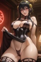 1girls acw adult_female ai_generated alcohol alcoholic_drink bangs black_hair breasts cameltoe cocktail_dress curvy dress earrings female hair_ornament headband indoors labia large_breasts lifting_skirt light-skinned_female light_skin looking_at_viewer mature_female panties pussy pussy_visible_through_clothes pussy_visible_through_panties pussy_visible_through_thong red_eyes short_hair_with_long_locks sidelocks skimpy skimpy_dress smile solo solo_female spy_x_family suggestive teasing thick_thighs thighhighs thong_panties upskirt voluptuous vulva yor_briar yor_forger