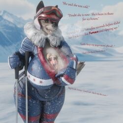 2girls 3d 3d_(artwork) anthro anthro/human anthro_female big_breasts bigger_female breasts clothed clothed_female clothing_entrapment female furry furry_female height_difference hiking human human_female large_boobs large_breasts larger_female looking_at_viewer shorter_female size_difference smaller_female sunsetsarsaparilla trapped_in_clothing willing wolf wolf_girl wolf_humanoid