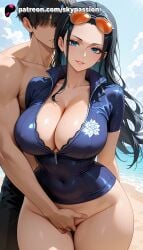 1boy 1girls 2025 ai_assisted ai_generated anime artist_name beach big_breasts big_chest black-framed_eyewear black_hair blue_eyes blue_sky blush breast breasts bust busty chest cleavage cloud cloudy_sky collarbone covered_navel dark_skin day explicit eyewear_on_head faceless faceless_male female fingering goggles_on_head hair_slicked_back heart hi_res high_quality high_resolution highres large_breasts long_hair male navel nico_robin nude ocean one-piece_swimsuit one_piece outdoors patreon patreon_username short_sleeves sky skypassion smile stable_diffusion straight sunglasses swimsuit tinted_eyewear watermark zipper