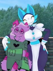 1boy 1girl1boy big_ass big_breasts blender blender_eevee blush breasts brick_wall bulge_through_clothing clothed confident_female confident_smile deltarune deltarune_chapter_2 dominant_female female femdom hand_on_hip male park park_background ralsei ralsei_(cryptiacurves) ralsei_with_white_fur shy shy_male shy_pose tasque_manager_(cryptiacurves) tasque_manager_(deltarune) wall_(structure) wide_hips
