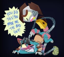 anal anal_sex anthro bodily_fluids cartoon_network chimeracocks claws clothed clothing cyclops dialogue digital_creature duo felid feline forced glitch glitch_creature gumball_watterson hi_res holding_head_down holding_legs_up humanoid hybrid lagomorph leporid male male/male mammal partially_clothed penetration rabbit rape rob_(tawog) sex size_difference tears the_amazing_world_of_gumball