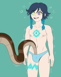 bare_legs blue_background braided_hair drooling genshin_impact happy_trance hypnosis kaa_eyes malesub mind_control multicolored_hair open_mouth plsgts ring_eyes simple_background smile standing topless venti_(genshin_impact)