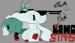 absurd_res anthro ass bangstars butt_tattoo canid canine canis clothing domestic_cat domestic_dog duo felid feline felis female footwear footwear_only green_body gun hair hi_res mammal mooncheese mostly_nude nude nude_female ranged_weapon red_hair rifle shoes shoes_only shooting_gun sniper_rifle tattoo upside-down weapon white_body