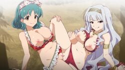 2girls arm_support armlet bikini bikini_bottom_aside bow bow_hairband bracelet breasts breasts_out censored censored_genitalia censored_pussy closed_mouth clothing_aside colomoten commentary_request commission english_commentary female female/female female_ejaculation female_only green_hair hairband hand_on_another's_leg harem_outfit idolmaster idolmaster_million_live! idolmaster_million_live!_theater_days jewelry large_breasts lesbian_sex licking_lips looking_at_viewer medium_hair mixed-language_commentary mosaic_censoring multiple_girls navel necklace nipples orange_eyes pixiv_commission purple_eyes purple_hair pussy pussy_to_pussy red_bikini sand scissoring shaved_pussy shijou_takane smile spread_legs sweat swimsuit tokugawa_matsuri tongue tongue_out tribadism white_bow yuri
