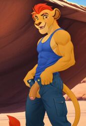 abs ai_generated anthro anthro_male balls biceps big_balls big_penis blush brown_eyes foreskin furry gay kion kion_(the_lion_guard) lion looking_at_viewer male male_only muscular muscular_male nude_male open_mouth pecs penis red_hair safari scar_across_eye smile the_lion_guard the_lion_king toned_body toned_male twall97 unbuttoned_pants uncut