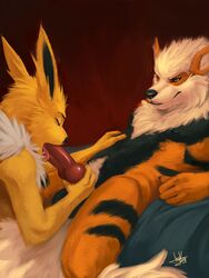 1boy 2020 3:4 ambiguous_gender animal_genitalia animal_penis anthro anthrofied arcanine canine canine_penis duo eeveelution furry grin hi_res inside interspecies jaykat jolteon knot larger_male lying male mammal nintendo nipples nude on_back oral original_character penis pokemon pokemon_(species) pokemon_rgby simple_background size_difference sketch smile testicles text video_games watermark