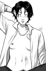 2d 2d_(artwork) 2d_artwork abs black_hair black_pants blush breasts butch chain_necklace female flirting_look heartstrings_(series) masculine_female necklace open_shirt pierced_ears pierced_lip pierced_nipples piercings pinup pubic_hair ro_cambria_(heartstrings) seductive_expression seductive_eyes seductive_female seductive_gaze seductive_look seductive_pose seductive_smile short_hair small_breasts solo solo_female spice_aisle tattoo_on_belly tattoo_on_chest tattooed_arm toned_belly toned_body toned_stomach white_shirt