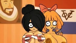 2girls anonymous_artist big_breasts black_hair blue_eyes breasts edit edited edited_official_artwork female female_only freckles green_eyes maya_schoppenboer mymy_schoppenboer naked naked_female nude nude_female ongezellig orange_hair screencap screenshot_edit third-party_edit tied_up