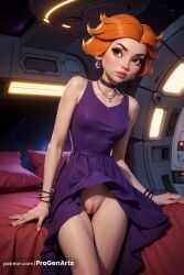 1girls ai_generated bare_shoulders bed bracelet breasts brown_eyes choker cleft_of_venus dress earrings female fingernails freckles hanna-barbera hi_res indoors jane_jetson jewelry lips lipstick makeup mole mole_under_eye multiple_moles necklace no_panties nose orange_hair patreon_username pillow progenarts purple_choker purple_dress pussy short_hair sitting sleeveless sleeveless_dress small_breasts solo space the_jetsons uncensored