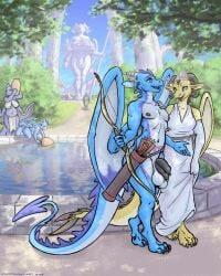 4_toes 5_fingers absurd_res altrue anthro armwear arrows ass balls big_balls big_butt big_penis black_penis blue_body blue_eyes blue_scales bottomwear bovid_horn bow_(weapon) caprine_horn casual_nudity clay_pot clothed clothing dewclaw dragon dress duo ear_piercing elbow_gloves european_mythology eye_contact facial_piercing feet female fingers genital_piercing genitals gloves greenery hand_on_shoulder handwear heliana_(altrue) hi_res horn horn_jewelry huge_balls jewelry lipstick loincloth looking_at_another makeup male male/female membrane_(anatomy) membranous_wings mythological_creature mythological_scalie mythology navel nipple_piercing nipples nose_piercing nostril_piercing nude penis penis_piercing piercing plant prince_albert_piercing pubic_tattoo purple_eyes quiver_(object) ram_horn ranged_weapon reflection s-q scales scalie sculpture statue tattoo thick_thighs toes tree veil water weapon western_dragon white_body white_scales wings yellow_body yellow_scales