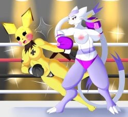 2girls anthro black_boxing_gloves black_gloves blush blush_stickers boxing boxing_gloves boxing_ring breasts bruised camera_flash clothed clothing duo face_punch female female_only fight fighting_ring generation_2_pokemon generation_5_pokemon gloves handwear mienshao mlpboxing nintendo nipples panties pasties pichu pokemon pokemon_(species) punch purple_boxing_gloves purple_gloves swimwear thong topless topless_boxing two-piece_swimsuit