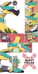 aliasing alpha_channel animate_inanimate anthro bodily_fluids brown_hair capcom comic digital_media_(artwork) duo fanged_wyvern female flying_sweatdrops gender_transformation hair hi_res inflatable licking living_inflatable male monster_hunter mtf_transformation nipples oagoner open_mouth oral_vore regurgitation safe_vore saliva simple_background spiral spiral_eyes sweat sweatdrop tongue transformation transformation_sequence transformation_through_vore transparent_background vore white_hair yellow_nipples zinogre