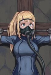 afraid ai_generated blodne_hair blonde_female blonde_hair bondage captured captured_heroine chains gas_mask restrained samus_aran zero_suit_samus