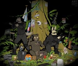 anthro artdecade assault_rifle balls bear black_bear boots bulletproof_vest cheek_tuft clothing eyewear facial_tuft flaccid footwear genitals goggles group gun handgun hi_res humanoid_genitalia humanoid_penis humor lagomorph leporid male mammal penis pistol rabbit ranged_weapon rifle shoes tactical_gear trio tuft ursine weapon wide_eyed