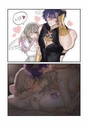 1boy 1girls absurdres annoyed black_shirt blush boy_on_top breasts cleavage_cutout clenched_teeth clothing_cutout condom condom_in_mouth condom_packet_strip condom_wrapper crying crying_with_eyes_open dr._ratio_(honkai:_star_rail) drooling female furrowed_brow grey_hair hair_ornament hand_on_bed hand_on_own_head heart heart_in_eye highres holding holding_another's_arm holding_condom honkai:_star_rail honkai_(series) hoyoverse hugging_object ikasuyosei implied_sex long_sleeves male medium_hair mihoyo mouth_hold multiple_condoms muscular muscular_male nude one_eye_closed parted_lips pectoral_cleavage pectorals pillow pillow_hug purple_hair red_eyes saliva sex sex_from_behind shirt short_hair simple_background single_tear sleeveless spoken_heart squiggle stelle_(honkai:_star_rail) straight sweat symbol_in_eye tears teeth trailblazer_(honkai:_star_rail) v-shaped_eyebrows white_background white_shirt yellow_eyes