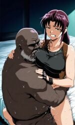 1boy 1boy1girl 1girls 2d age_difference ai_generated angry angry_expression angry_face bald beard bedroom black_lagoon breast_sucking breasts brown_eyes brown_hair carrying carrying_position clothed_female_nude_male cum cum_in_pussy cum_inside dark-skinned_male dark_skin disgusted faceless_male fat fat_male female fluids gloves hairy_male hug interracial interracial_sex looking_at_viewer male male/female medium_breasts motion_blur motion_lines nude_male nude_male_clothed_female older_male penetration quietns revy saliva saliva_on_breasts sex stand_and_carry_position standing standing_sex straight sweat sweating tattoo tattoo_on_arm tattooed_arm teeth uncomfortable vaginal_penetration