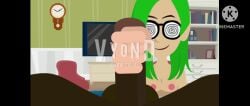 bare_feet feet feet_on_desk glasses goanimate green_eyes green_hair midoriko_(trouble_busters) swirly_glasses vyond youtube