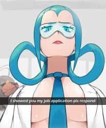1girls blue_eyes blue_hair blue_tie canine cleavage coat english_text female glasses green_hair hair_rings hentaly horns houndoom labcoat lipstick looking_at_viewer mable_(pokemon) mable_(z-a) makeup meme necktie no_bra open_clothes open_shirt pokemon pokemon_(game) pokemon_legends:_z-a pokemon_professor red_lips snapchat tie white_coat