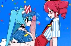 1futa 2girls ? ai_generated big_breasts big_penis blue_hair blush breasts confused curly_hair duo duplicate female flat_chested futa_on_female futanari hatsune_miku imminent_oral imminent_sex intersex kasane_teto long_hair mesmerizer_(vocaloid) mesmerizer_miku mesmerizer_teto nervous nervous_smile nervous_sweat paizuri pale_skin penis penis_awe penis_on_face penis_out red_eyes red_hair wide_eyed