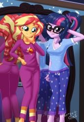 2020s 2022 2girls adolescent arm_behind_head artist_name ass bare_legs barefoot biting_own_lip blue_hair blush breasts collarbone colored_skin commission embarrassed equestria_girls erect_nipples eyelashes feet_out_of_frame female friendship_is_magic glasses green_eyes hair_ornament hand_on_own_hip hasbro hi_res horsecat indoors large_breasts long_hair looking_at_another medium_breasts mirror multicolored_hair multiple_girls my_little_pony nervous_smile nose_blush official_alternate_costume orange_skin pajamas pants ponytail purple_eyes purple_skin red_hair reflection sci-twi shirt sleepwear smile standing sunset_shimmer teenage_ass teenage_girl teenage_girls teenager teenagers teeth twilight_sparkle_(mlp) two-tone_hair variant_set very_long_hair young young_female