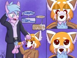 absurd_res aggretsuko ailurid asinus bodily_fluids breasts cum donkey dripping duo equid equine fellatio female genital_fluids genitals heart_eyes heart_symbol hi_res humanoid infidelity leaking_precum male male/female mammal nipples oral penile penis pixelt precum precum_drip pubes red_panda retsuko sanrio sex spanish_text tadano_(aggretsuko) text unzipped unzipped_pants zipper