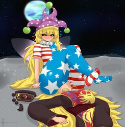 aged_up american_flag american_flag_legwear american_flag_shirt breasts clownpiece facesitting feet female fully_clothed jester_cap junko_(touhou) mistpirit moon skin_tight sweat tagme tight_clothing toe_socks toes touhou yuri