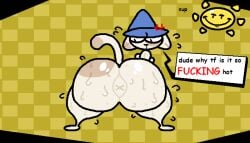 aliasing ambiguous_gender angry anthro anus ass big_butt blue_clothing blue_wizard_hat bodily_fluids bubble_butt cat_tail cleo_(nxyitn) clothing cross-popping_vein dialogue digital_media_(artwork) ear_markings ears_down felid feline fur glistening glistening_body glistening_butt glistening_fur hat hat_only headgear headgear_only headwear headwear_only huge_butt looking_at_self looking_back mammal markings mostly_nude multicolored_body multicolored_butt multicolored_fur multicolored_tail nxyitn pattern_background pivoted_ears raised_tail simple_background smile smiley_face solo speech_bubble spots spotted_markings star sun sweat sweatdrop sweating_profusely tail talking_to_another talking_to_self text thick_thighs wizard_hat x_anus yellow_background