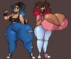 2girls big_breasts black_hair black_lipstick blue_hair boobs breasts brown_hair dark-skinned_female dark_skin eli_(skaler2) elpiromanias fat_ass female fingerless_gloves fully_clothed gloves huge_boobs huge_breasts huge_thighs lyna_(skaler2) ponytail red_hair shoes skaler2 thick_thighs torn_pants two_tone_hair wide_hips
