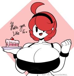 1girls anthro artist_name biped black_hairband black_topwear black_wristband blindstash cake cake_slice clothed_female clothing copyright_symbol dialogue dot_eyes english_dialogue english_text female female_only happy humanoid mami_(blindstash) plate red_hair smile solo solo_female talking talking_to_viewer text topwear white_body white_skin wristband