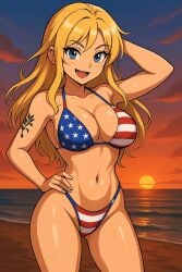 4th_of_july ai_generated america american american_female_ american_flag_bikini blonde_hair blue_eyes female long_hair original_character smile stars_and_stripes united_states_of_america