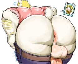 2025 2_horns anthro anus asgore_dreemurr ass backsack balls ballsack beard belt big_butt blonde_beard blonde_facial_hair blonde_hair blush bottomwear bottomwear_down bovid caprine clothed clothing english_description facial_hair fur genitals goat hair hi_res horn male mammal open_mouth pants pants_down partially_clothed pattern_clothing pattern_shirt pattern_topwear penis perineum pink_clothing pink_shirt pink_topwear rear_view roroba83 shirt simple_background small_tail solo tail topwear undertale_(series) white_background white_body white_fur