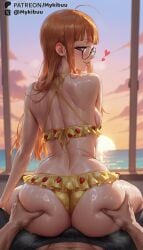 1boy 1girls ahoge ai_generated ass ass_grab back backboob bare_shoulders bikini black-framed_eyewear blunt_bangs blush breasts bulge buttjob cowgirl_position erection erection_under_clothes female food_print frilled_bikini frills from_behind glasses groping halterneck heart horizon indoors long_hair looking_at_viewer looking_back male male_swimwear medium_breasts mykibuu ocean orange_hair parted_lips persona persona_5 pov print_bikini purple_eyes sakura_futaba shiny_skin sideboob sitting sitting_on_person sky small_breasts smile solo_focus straddling straight strawberry_print sun sunset sweat swimsuit wet yellow_bikini