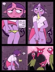 ambiguous_gender blush bodily_fluids bottomwear breasts clothed clothing clothing_lift cyclops d-monomicon demon dialogue female genitals group hair hi_res horn humanoid living_tail margot_and_tail_(d-monomicon) masturbation not_furry panties panties_down partially_clothed pubes public_masturbation purple_body purple_hair pussy red_body shirt skirt skirt_lift spade_tail speech_bubble standing_masturbation sweat tail topwear underwear underwear_down unusual_anatomy unusual_tail vulva