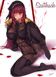 1girls :>= areolae body_writing breasts burgundy_hair cameltoe deepthroat disembodied_penis fate/grand_order fate_(series) fellatio female female_only fringe gag gagging hood large_breasts long_hair nipples oral orgasm penis pubic_hair pussy red_eyes rolling_eyes rosaline scathach_(fate) slim solo spread_legs squirting stray_pubic_hair thighhighs tight_throat tongue tongue_out torn_clothes uncensored