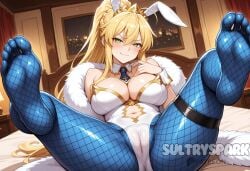ahoge ai_generated animal_ears artoria_pendragon artoria_pendragon_(fate) artoria_pendragon_(swimsuit_ruler) bangs bare_shoulders blonde_hair blue_pantyhose blush braid breasts bunnysuit cameltoe cleavage clothing_cutout detached_collar fate/grand_order fate_(series) feather_boa feet female fishnet_pantyhose fishnets futarush green_eyes hair_between_eyes highleg_leotard large_breasts leotard long_hair looking_at_viewer navel navel_cutout necktie no_shoes pantyhose patreon patreon_username playboy_bunny ponytail rabbit_ears sidelocks smile soles solo spread_legs sultryspark tiara toes white_leotard wrist_cuffs