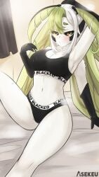 asekeu bedroom black_sclera blacked blacked_clothing blush breasts bug bug_girl cleavage female green_hair indie_virtual_youtuber indoors insects juniper_(egocider) juniper_actias large_breasts looking_at_viewer posing solo steam sweat virtual_youtuber yellow_eyes