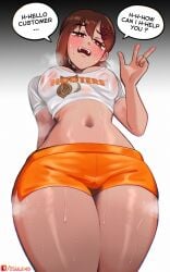 1girls blush bottomwear breasts brown_eyes brown_hair chainsaw_man english english_text female female_only hair hair_ornament hairclip higashiyama_kobeni hips hooters hooters_uniform looking_down mole mole_under_mouth orange_shorts osulan peace_sign shirt shorts solo solo_female speech_bubble steam steamy steamy_breath sweat sweatdrop sweaty text thick_thighs thighs topwear wet_shirt white_shirt