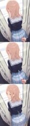 1boy 1girls ai_generated ass ayrefia big_ass brown_eyes brown_hair censored cum cum_on_ass cum_on_clothes ejaculation erection female highres idolmaster idolmaster_shiny_colors looking_back male male_masturbation masturbation mosaic_censoring penis sakuragi_mano school_uniform shirt skirt train train_interior unaware