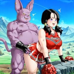 1boy 1girls ai_generated black_hair blue_eyes breasts champa champanized cheerleader cheerleader_uniform dragon_ball dragon_ball_super dragon_ball_z fat_male female god_of_destruction interspecies male muscular muscular_male pixai purple_body purple_skin sex sex_from_behind silverknight395 standing standing_sex tongue tongue_out videl