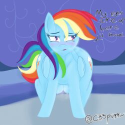 blue_fur blush breasts breath c33purr crotchboobs cutie_mark embarrassed english_text equid equine female friendship_is_magic front_view looking_up musk musk_clouds my_little_pony pegasus pink_eyes pony rainbow_dash_(mlp) rainbow_hair solo solo_female solo_focus sweat sweatdrop sweating sweaty_breasts teats text wings