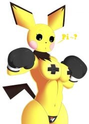 1girls anthro bikini_thong black_boxing_gloves black_gloves boxing_gloves clothed clothing female female_only generation_2_pokemon gloves handwear hi_res mlpboxing nintendo nipple_bulge pasties pichu pokemon pokemon_(species) solo solo_focus swimwear text topless