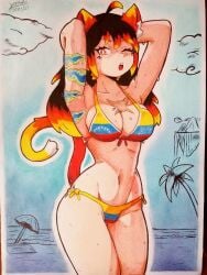 andrewsl animal_ears animal_tail big_ass big_breasts big_butt big_thighs big_titties bikini black_hair breasts curvaceous curvaceous_female curvaceous_figure curvy curvy_figure curvy_hips female female_focus female_only long_hair neko neko_girl original original_character tattoo traditional_media